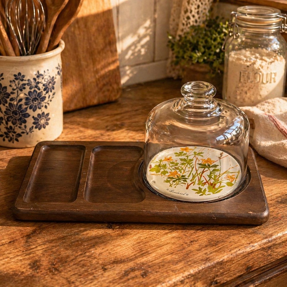 Vintage Goodwood Cheese Board Glass Dome‎ Floral Cloche Tile Wood Cracker Tray
